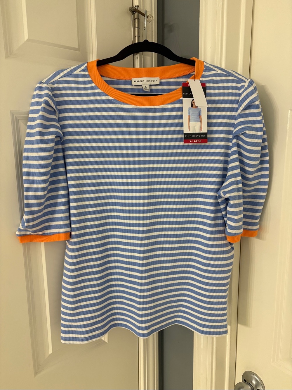 Rebecca Minkoff Blue & White Striped Short Sleeve Top with Orange Trim